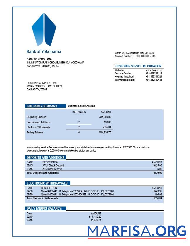 Realistic Bank of Yokohama company checking account statement Word and PDF template